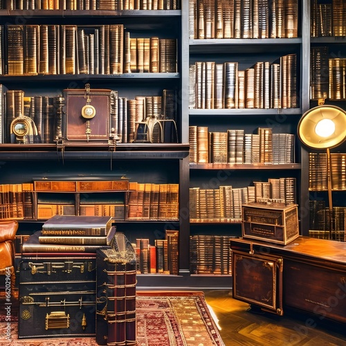 A steampunk-themed library with antique leather-bound books  brass fixtures  and vintage scientific instruments5  Generative AI