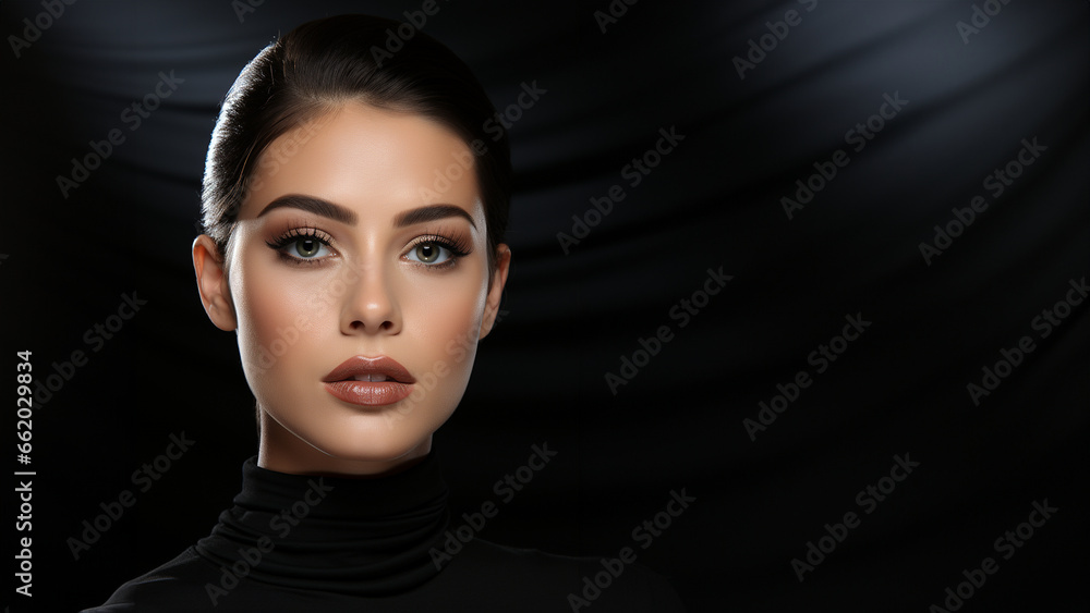 Hübsches Elegantes Frauen Gesicht im Vogue Stil mit edlen Make up und dunklen Hintergrund Nahaufnahme, ai generativ Hübsches Elegantes Frauen Gesicht im Vogue Stil mit edlen Make up und dunklen Hintergrund Nahaufnahme, ai generativ