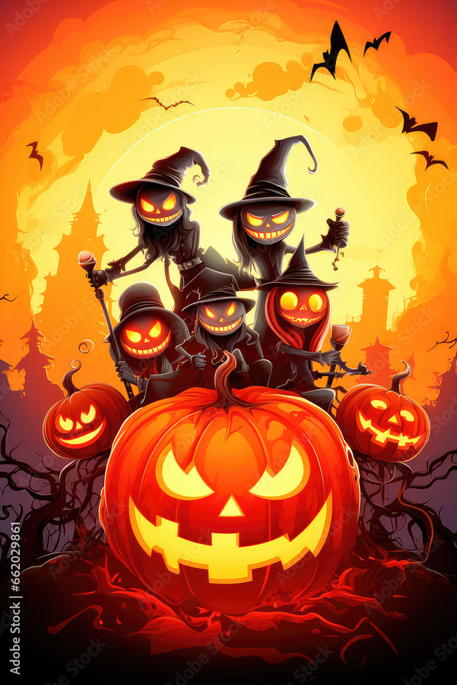 Costume party for Halloween. A group of children in costumes are sitting on a giant pumpkin. In the moonlight. Orange background. Generative AI Costume party for Halloween. A group of children in costumes are sitting on a giant pumpkin. In the moonlight. Orange background. Generative AI