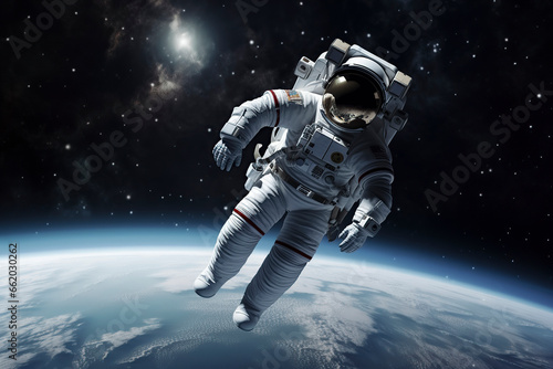 Astronaut s Journey: Floating Above Earth in the Vastness of Space, ai generative