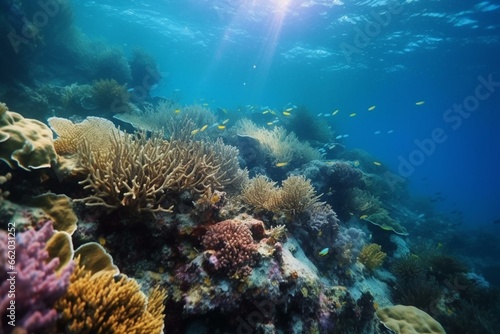 Underwater landscape inhabited by colorful marine life. Generative AI © Isabela