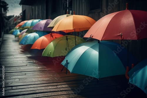 Rainy scene with colorful umbrellas and raindrops. Generative AI © Ella