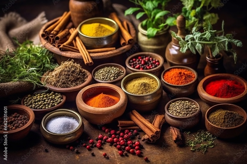 Spices and herbs on wooden background. An assortment of aromatic spices and herbs. Food and cuisine ingredients. Spices and herbs on wooden background. An assortment of aromatic spices and herbs. Food and cuisine ingredients.