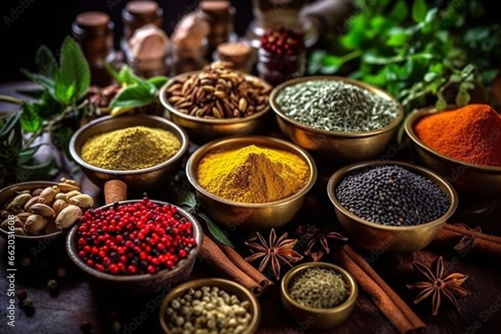 Spices and herbs on wooden background. An assortment of aromatic spices and herbs. Food and cuisine ingredients.