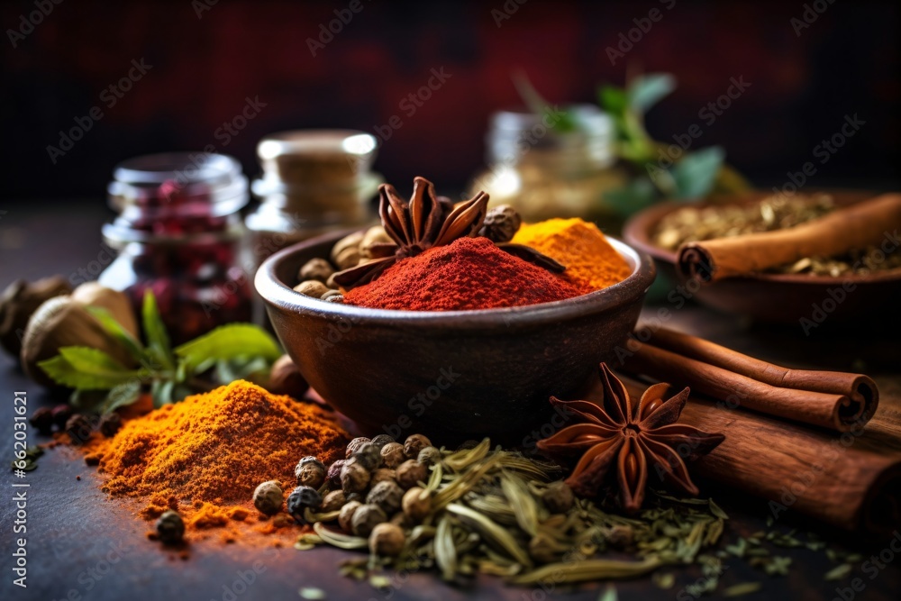 Spices and herbs on wooden background. An assortment of aromatic spices and herbs. Food and cuisine ingredients. - obrazy, fototapety, plakaty 