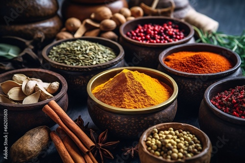 Spices and herbs on wooden background. An assortment of aromatic spices and herbs. Food and cuisine ingredients.