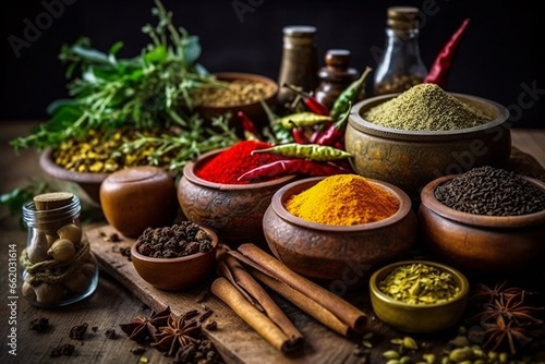 Spices and herbs on wooden background. An assortment of aromatic spices and herbs. Food and cuisine ingredients.