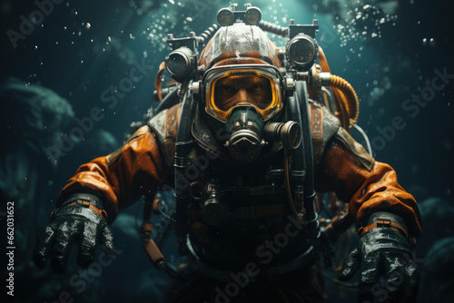 A resolute deep-sea diver exploring the mysterious depths of the ocean. Concept of underwater exploration and marine biology. Generative Ai.