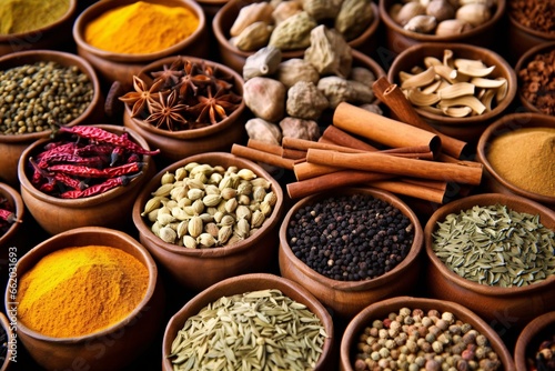 Spices and herbs on wooden background. An assortment of aromatic spices and herbs. Food and cuisine ingredients.