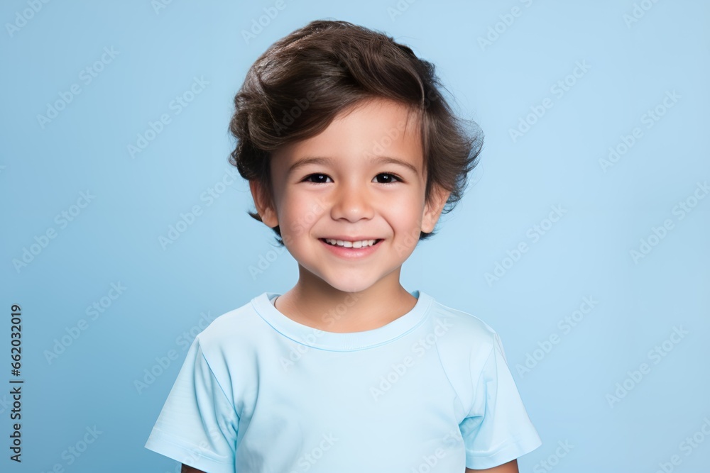 Portrait of a Cute Fictional Little Boy Wearing a Blank T-Shirt and Smiling. Isolated on a Plain Colored Background. Generative AI. Portrait of a Cute Fictional Little Boy Wearing a Blank T-Shirt and Smiling. Isolated on a Plain Colored Background. Generative AI.