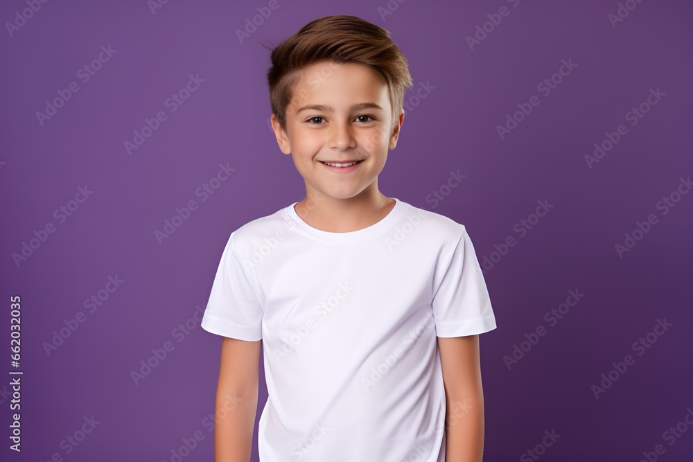 Portrait of a Cute Fictional Little Boy Wearing a Blank T-Shirt and Smiling. Isolated on a Plain Colored Background. Generative AI. Portrait of a Cute Fictional Little Boy Wearing a Blank T-Shirt and Smiling. Isolated on a Plain Colored Background. Generative AI.