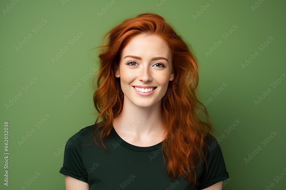 Beautiful Fictional Redhead Lady Smiling with a Plain Blank T-Shirt. Isolated on a plain colored background. Generative AI illustration. Beautiful Fictional Redhead Lady Smiling with a Plain Blank T-Shirt. Isolated on a plain colored background. Generative AI illustration.