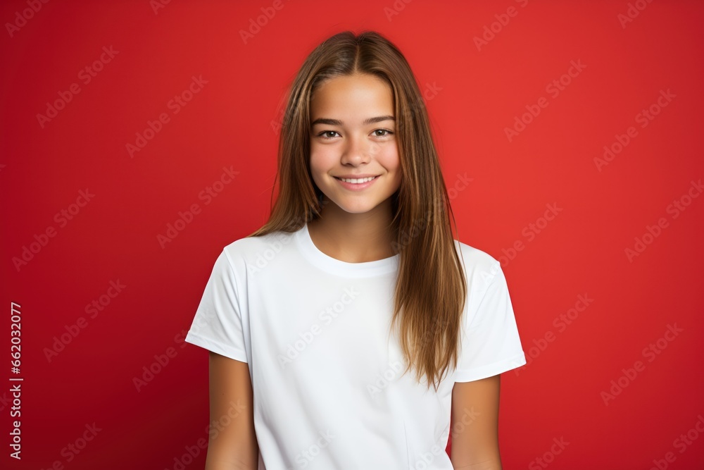Portrait of a Happy Fictional Teenager Girl Smiling Candidly. Isolated on a plain colored background. Generative AI illustration. Portrait of a Happy Fictional Teenager Girl Smiling Candidly. Isolated on a plain colored background. Generative AI illustration.