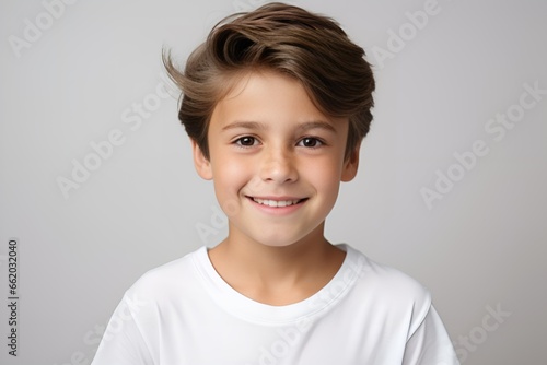 Portrait of a Cute Fictional Little Boy Wearing a Blank T-Shirt and Smiling. Isolated on a Plain Colored Background. Generative AI. 