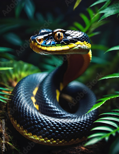 close-up on an exotic snake in a jungle. generative ai