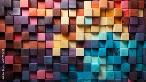 Colorful background of wooden blocks. A Spectrum of multi colored wooden blocks aligned. Background or cover for something creative or diverse.