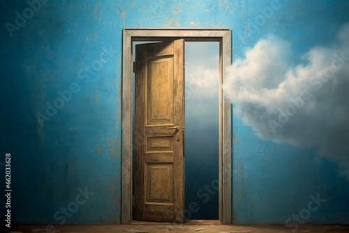 Open door reveals stunning blue sky, symbolizing hope for something wonderful. Generative AI