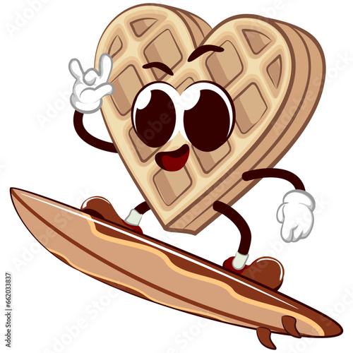 vector mascot character from waffle cake heart shaped surfing using a surfboard