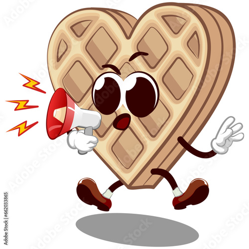 vector mascot character from waffle cake heart shaped shouting using a loudspeaker