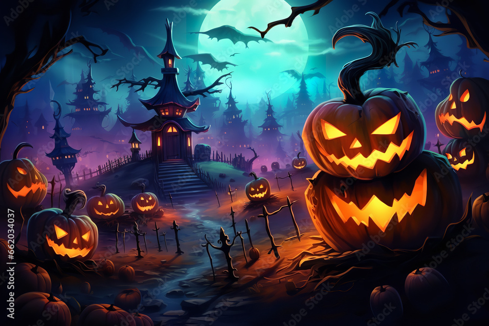 Colorful halloween pumpkin and witch cult background