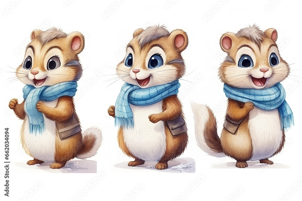 Cute smiling chipmunk with scarf Chibi style watercolor kids, neutral light blue colors, white background