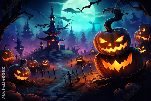 Colorful halloween pumpkin and witch cult background