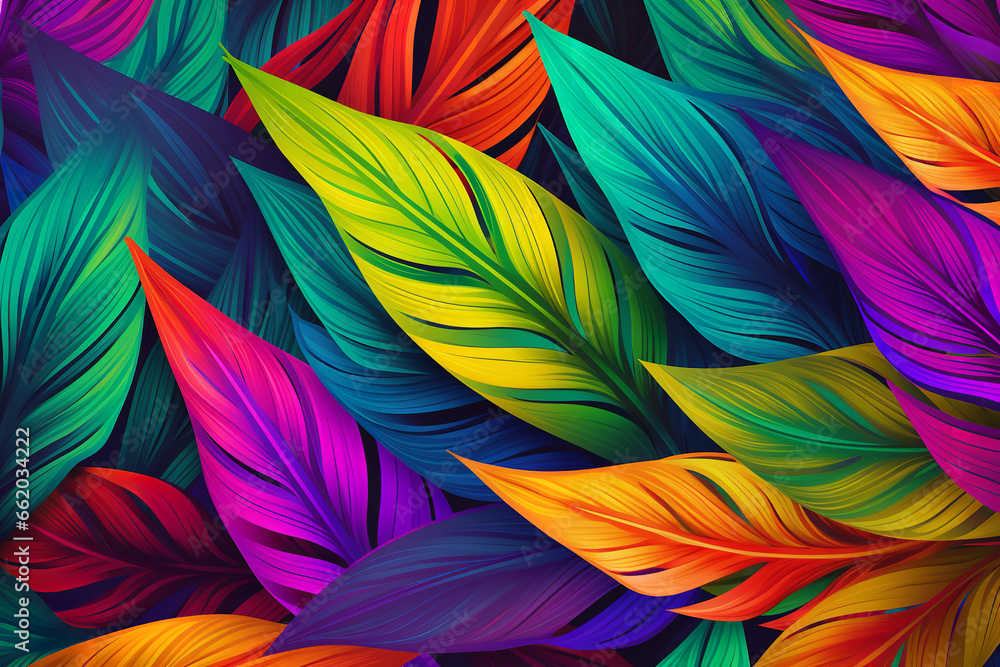Interlaced tropical leaf pattern in an explosion of colors, professional vector design, plain background