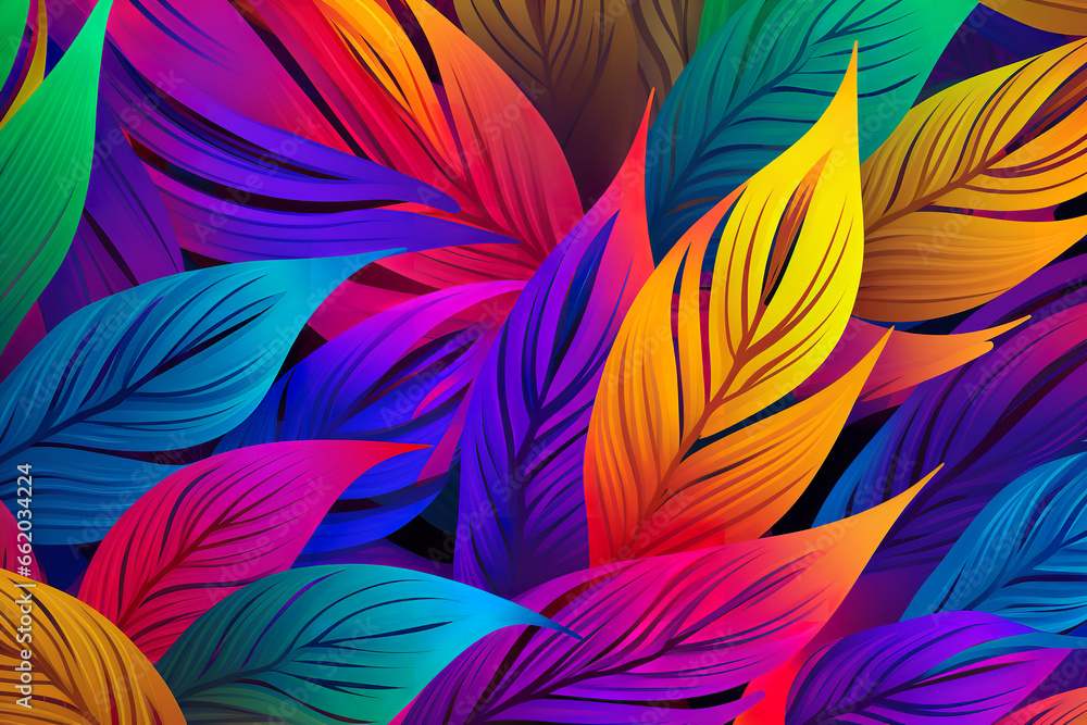 Interlaced tropical leaf pattern in an explosion of colors, professional vector design, plain background