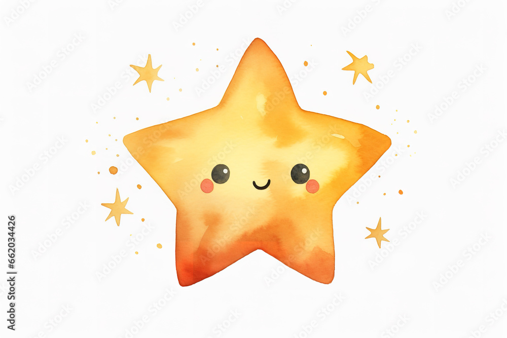 simple star with smiling face, watercolor, cartoon style, neutral colors, nursery, white background simple star with smiling face, watercolor, cartoon style, neutral colors, nursery, white background
