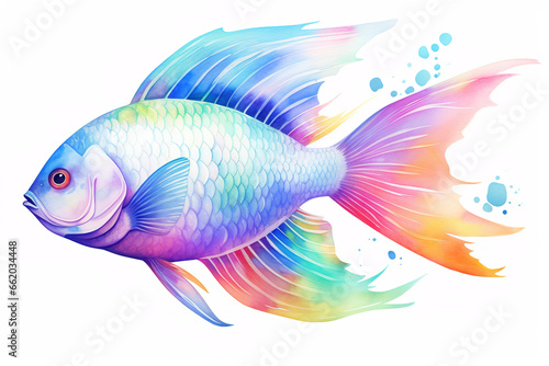 underwater fish, holographic watercolor colors, cartoon, white background © Nate