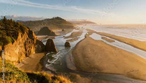 Drone style photo of Oregon Beaches at sunset, near Coos Bay and Medford Oregon  photo
