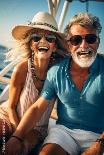 Affectionate senior couple on a boat trip at sunset. Insurance and retirement pension plan concept. High quality photo © Starmarpro