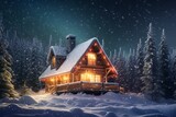 Snowy Norwegian cabin with starry Milky Way on Christmas night. Generative AI