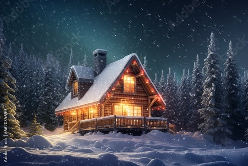 Snowy Norwegian cabin with starry Milky Way on Christmas night. Generative AI photo