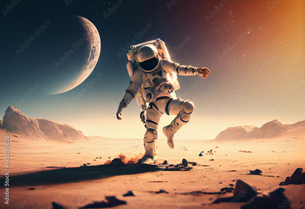 Astronaut dancing hip hop on the expanse. High quality illustration  - obrazy, fototapety, plakaty 