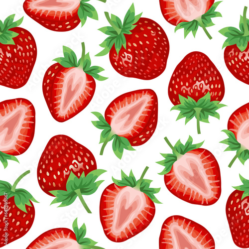 Fototapeta Naklejka Na Ścianę i Meble -  Strawberry. Strawberry seamless pattern on a white background. Summer strawberries, whole and sliced. The design is great for wallpaper, fabric, labels, packaging.