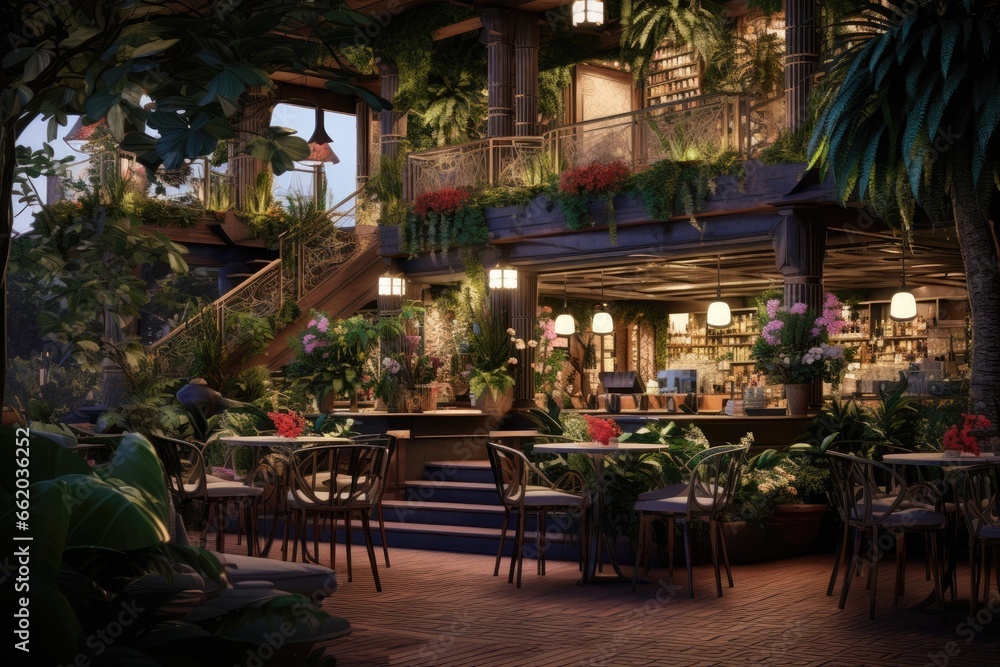 Café Interior with Botanical Styling at Twilight, Moody Lighting with Dining Tables and Bar, Second Floor Open Concept