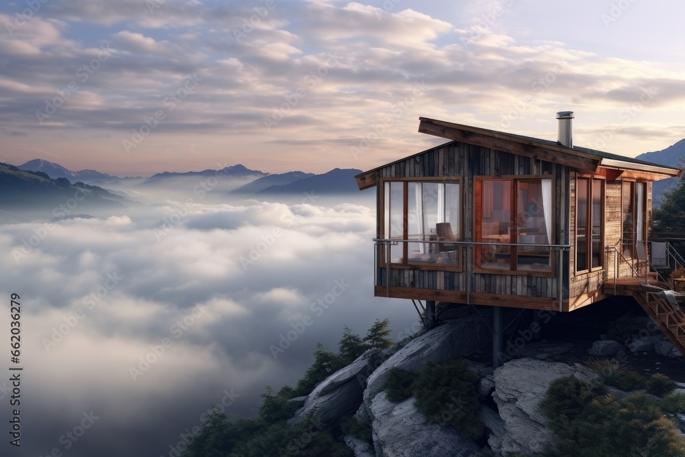 Φωτογραφία Treehouse Modern Home Travel Destination at Top of Mountain Overlooking Foggy Cl