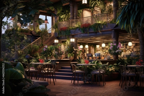 Café Interior with Botanical Styling at Twilight, Moody Lighting with Dining Tables and Bar, Second Floor Open Concept