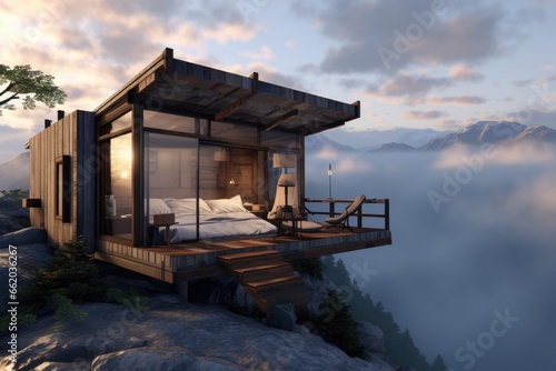 Modern Home Travel Destination with Outdoor Deck Overlooking Foggy Mountain Landscape at Sunrise  © Bryan