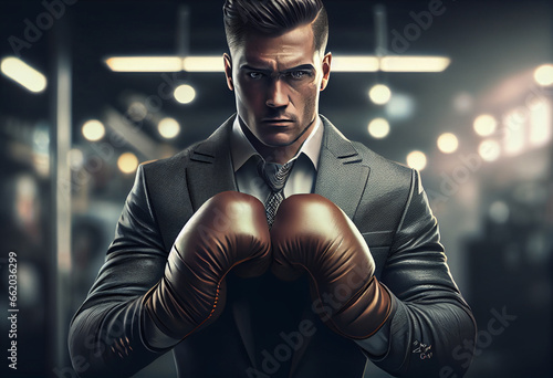 Businessman , boxing gloves , fighting pose. High quality illustration