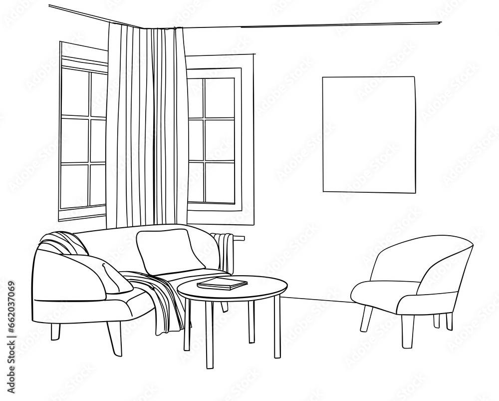 Modern interior room sketch. Hand drawn sofa, chair, window