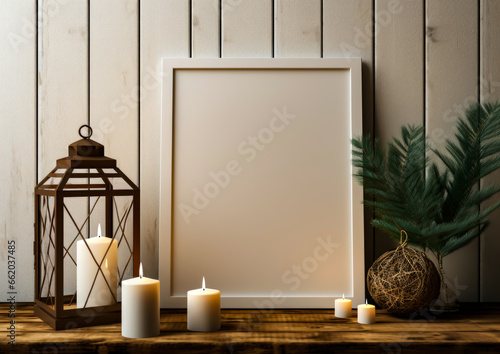 a white frame on wood with decoration, copy space, christmas, presents, christmas spirit, santa clauss, familiy, tree,