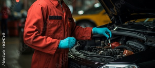 Technician working in an auto service garage, tending to car repair © shaista