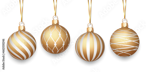 Christmas balls on a gold ribbon. Set of golden Christmas balls with a striped white pattern isolated on a white background.