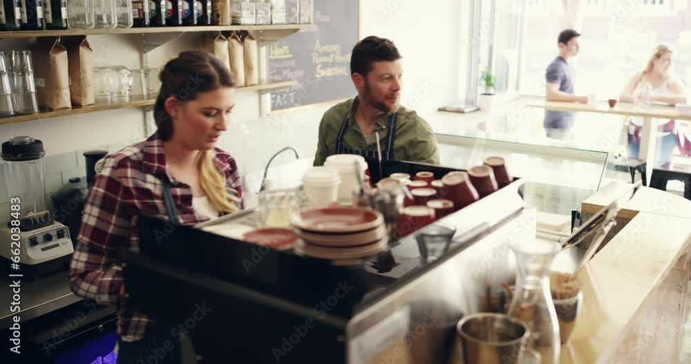Coffee shop, purchase and service for customer by a waitress with espresso for consumer in a cafe or small business. Barista, restaurant and employee with latte, cappuccino or drink in store Coffee shop, purchase and service for customer by a waitress with espresso for consumer in a cafe or small business. Barista, restaurant and employee with latte, cappuccino or drink in store