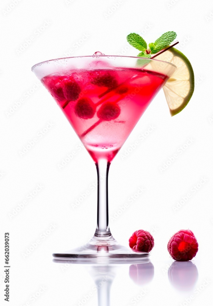 Red alcoholic cocktail in a martini glass decorated with slice of lime on white background. Red alcoholic cocktail in a martini glass decorated with slice of lime on white background.
