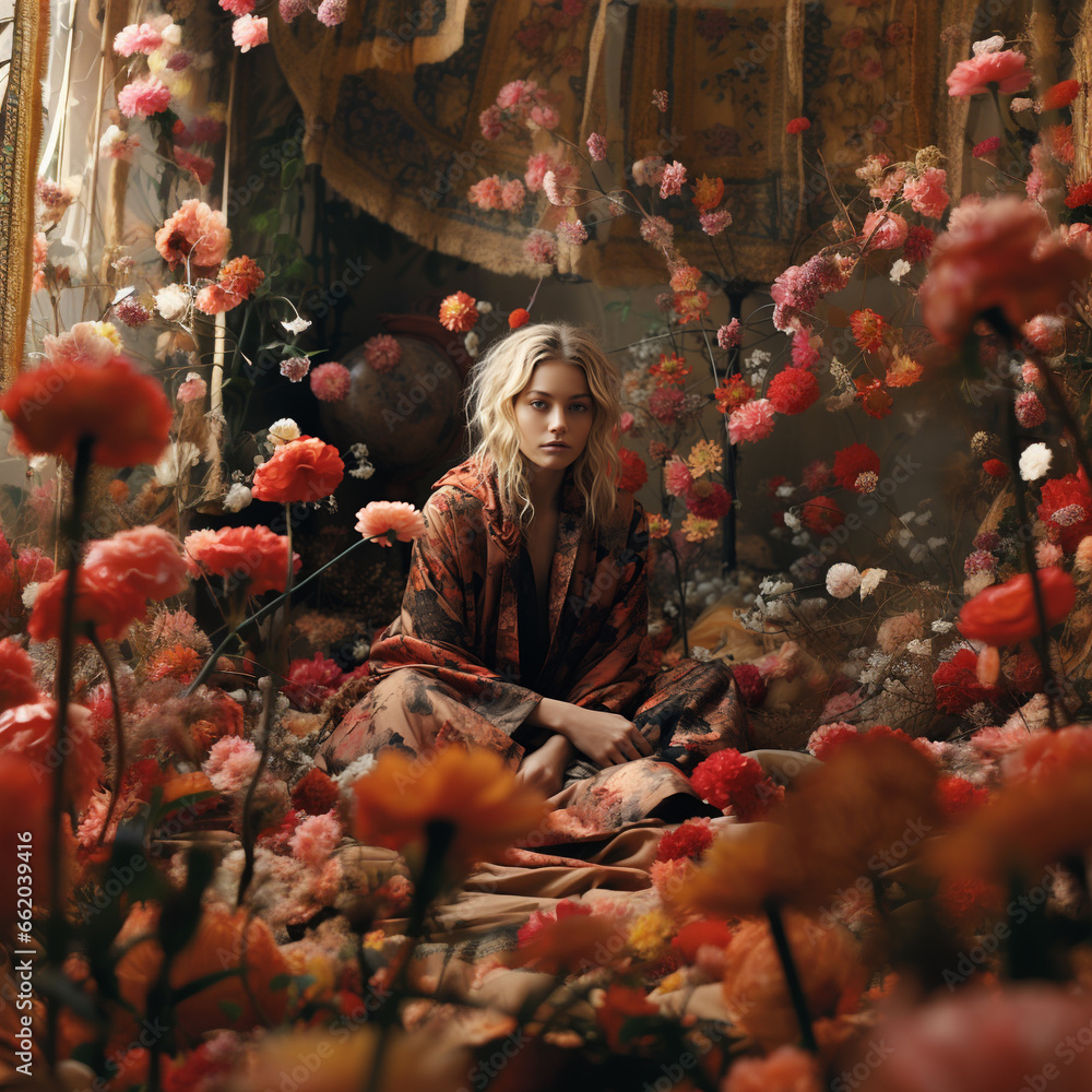 blonde asian model with brown eyes sitting in meditation in surreal gardens of alian flowers