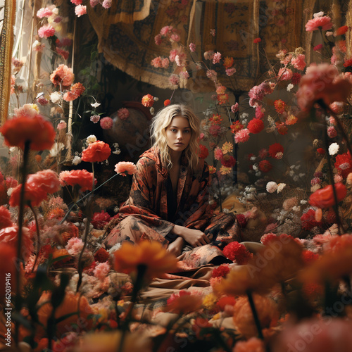 blonde asian model with brown eyes sitting in meditation in surreal gardens of alian flowers