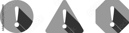 Gray and White Monochrome Round Circle Octagonal and Triangular Warning or Attention Caution Sign with Exclamation Mark and 3D Style Shadow Effect Flat Icon Set. Vector Image.
